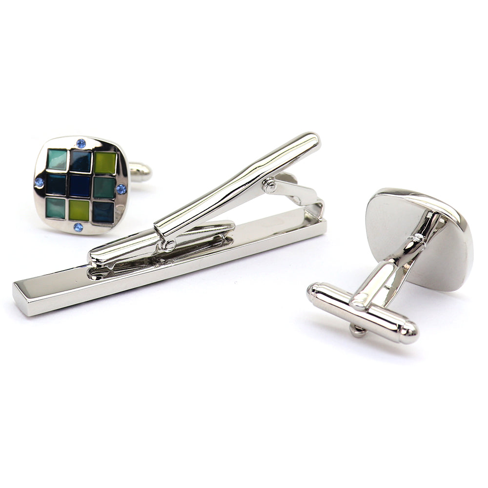 青/緑 格子柄 カフス タイピン セット おしゃれ 男女 エレガント スーツ 正装 プレゼント ギフト 大人気 成人式 卒業式 結婚式 カフス専門店