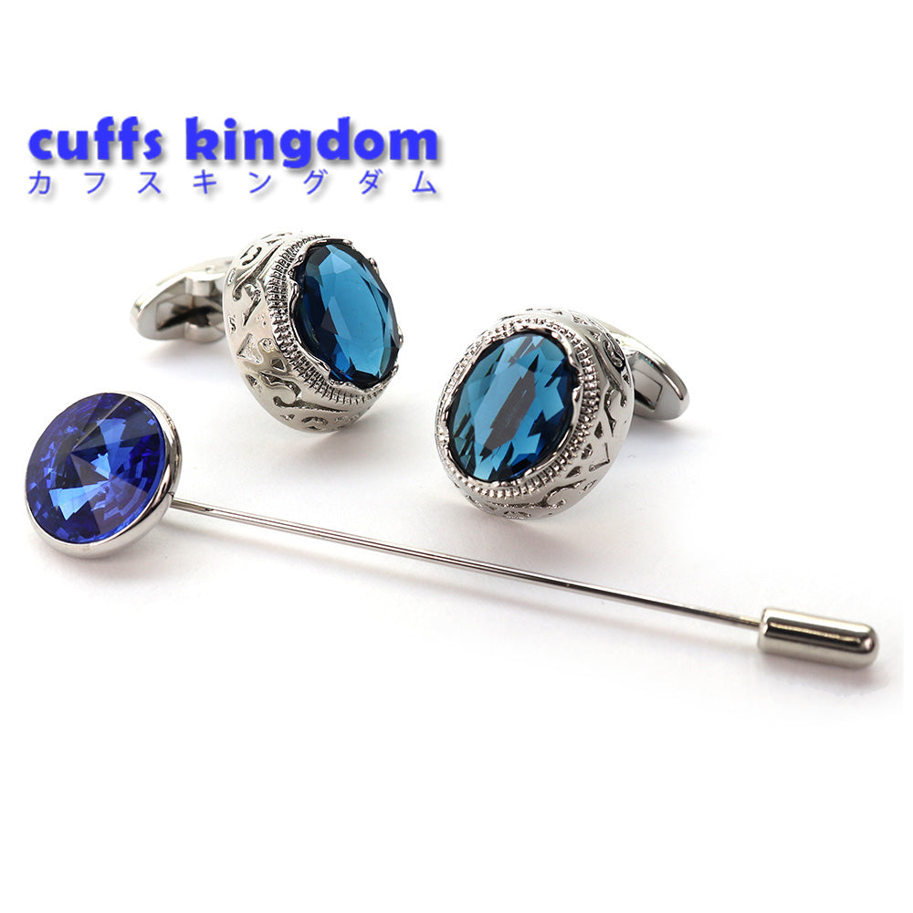 大粒 ジュエル ブルー カフス ラベルピン セット おしゃれ 男女 エレガント スーツ 正装 プレゼント ギフト 大人気 成人式 卒業式 結婚式 カフス専門店