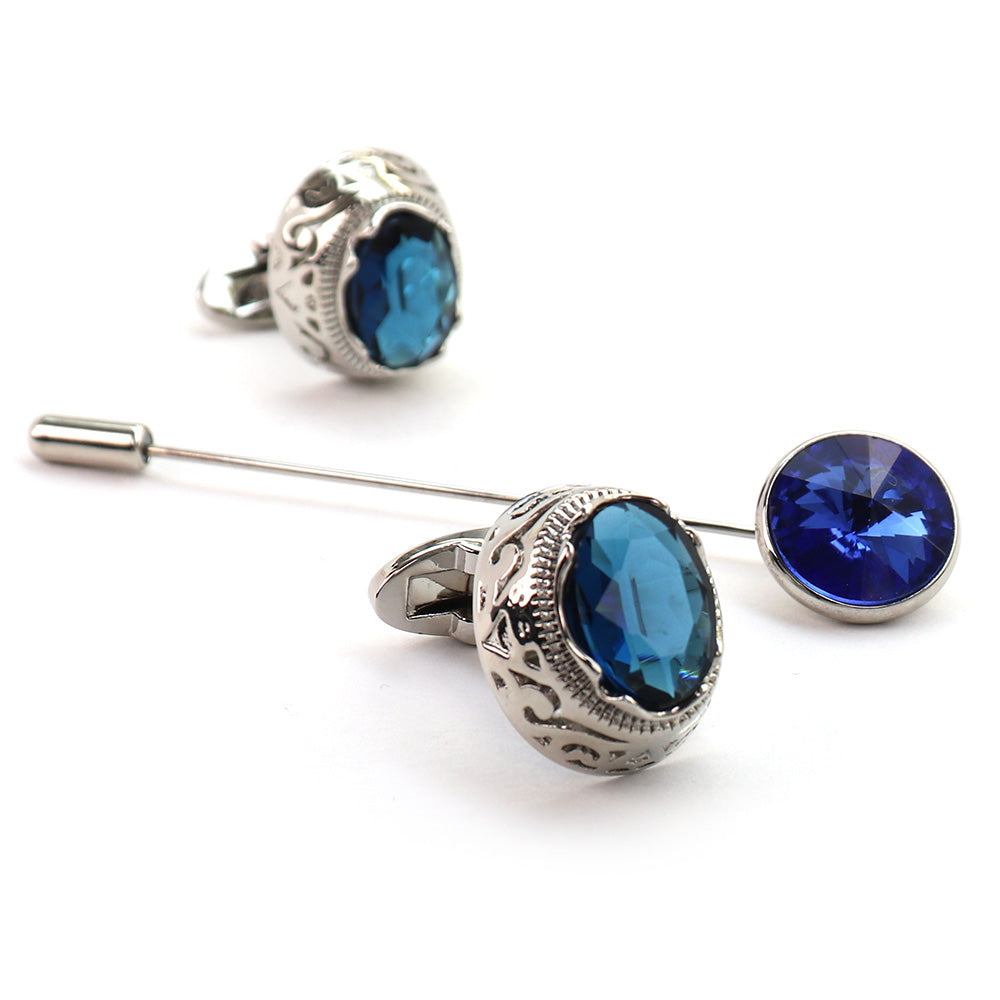 大粒 ジュエル ブルー カフス ラベルピン セット おしゃれ 男女 エレガント スーツ 正装 プレゼント ギフト 大人気 成人式 卒業式 結婚式 カフス専門店