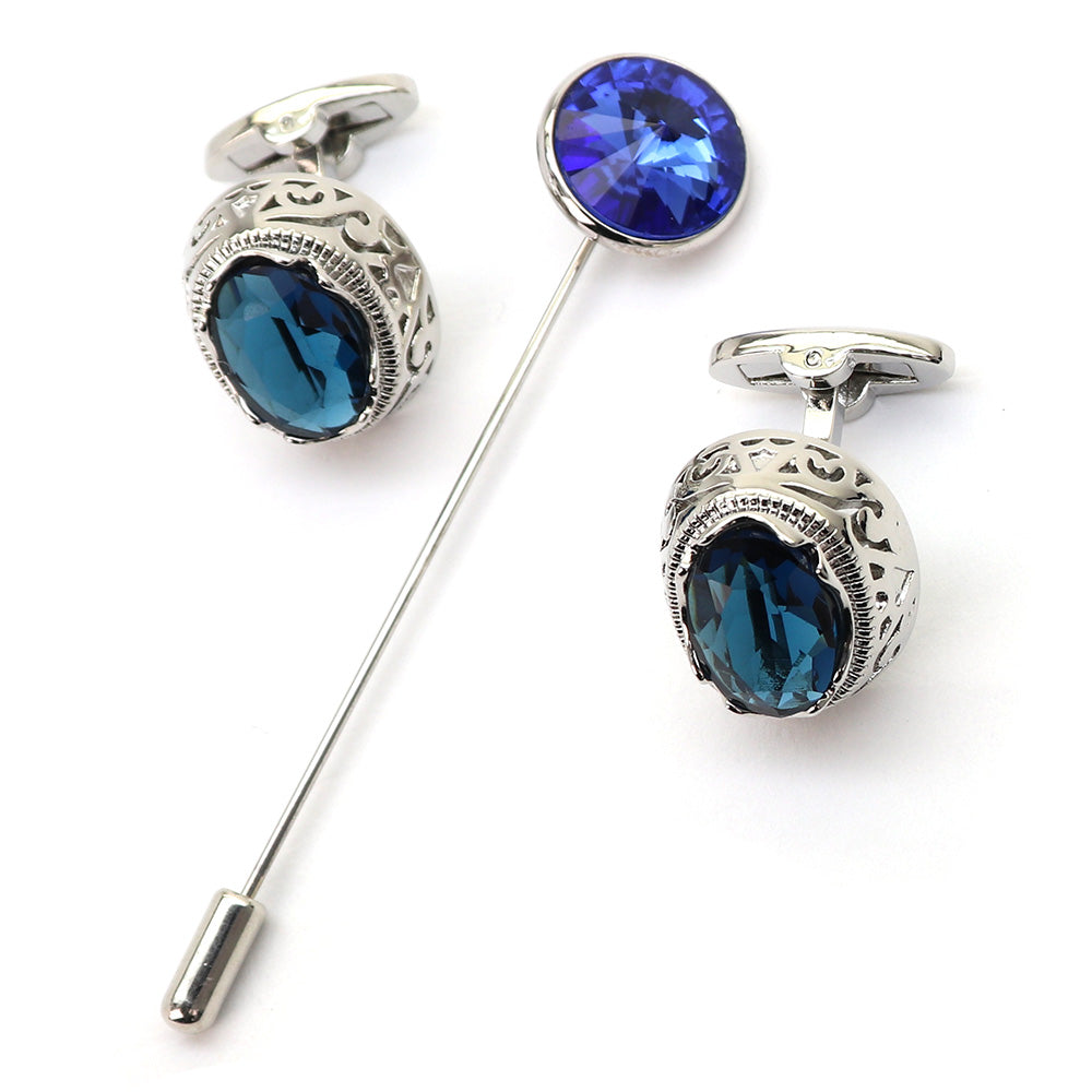 大粒 ジュエル ブルー カフス ラベルピン セット おしゃれ 男女 エレガント スーツ 正装 プレゼント ギフト 大人気 成人式 卒業式 結婚式 カフス専門店