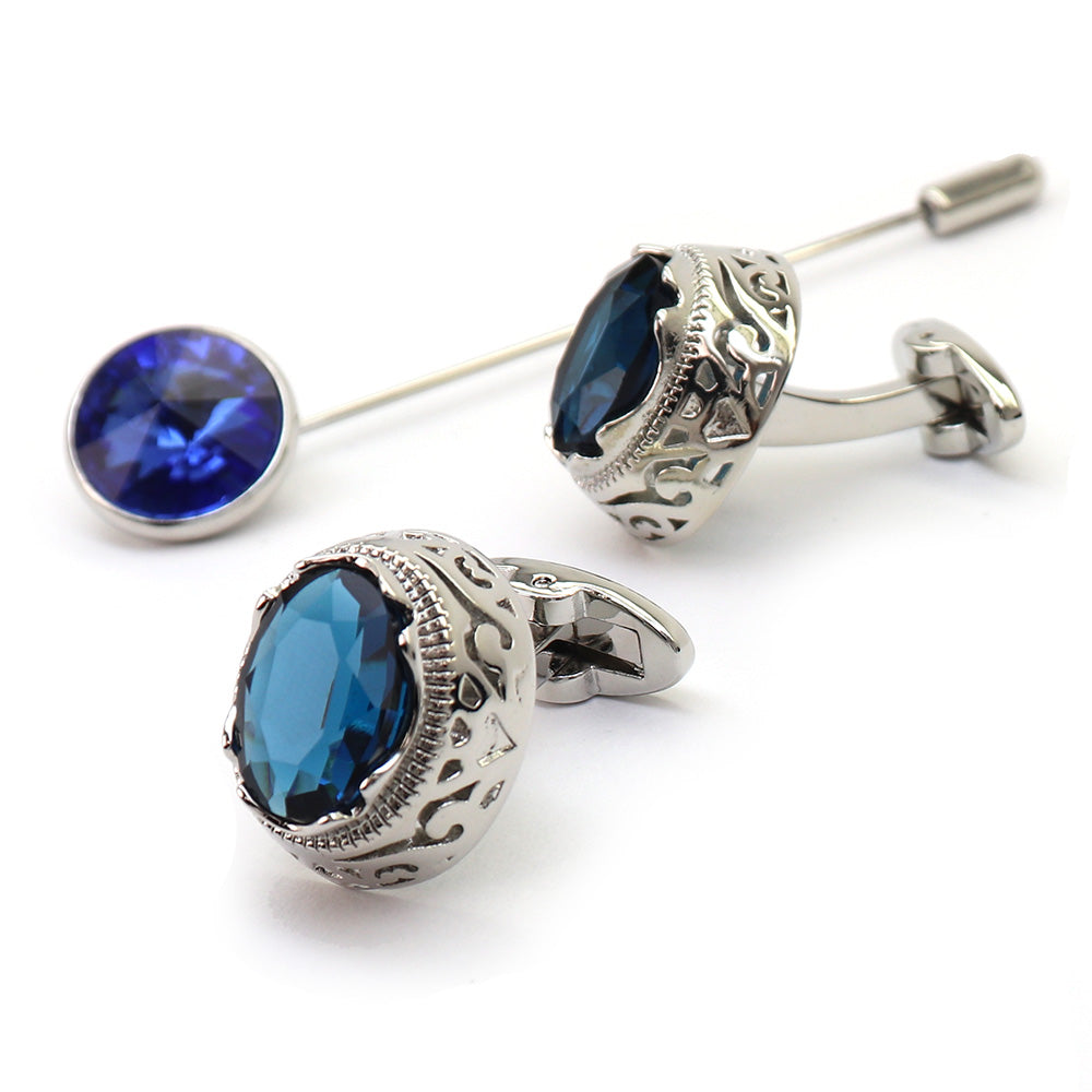 大粒 ジュエル ブルー カフス ラベルピン セット おしゃれ 男女 エレガント スーツ 正装 プレゼント ギフト 大人気 成人式 卒業式 結婚式 カフス専門店