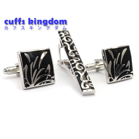 シルバー柄 ブラック カフス タイピン セット おしゃれ 男女 エレガント スーツ プレゼント ギフト 大人気 成人式 卒業式 結婚式 カフス専門店