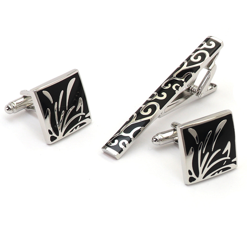 シルバー柄 ブラック カフス タイピン セット おしゃれ 男女 エレガント スーツ プレゼント ギフト 大人気 成人式 卒業式 結婚式 カフス専門店