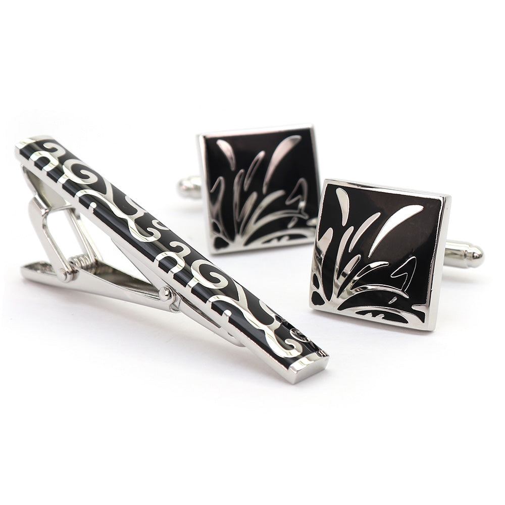 シルバー柄 ブラック カフス タイピン セット おしゃれ 男女 エレガント スーツ プレゼント ギフト 大人気 成人式 卒業式 結婚式 カフス専門店