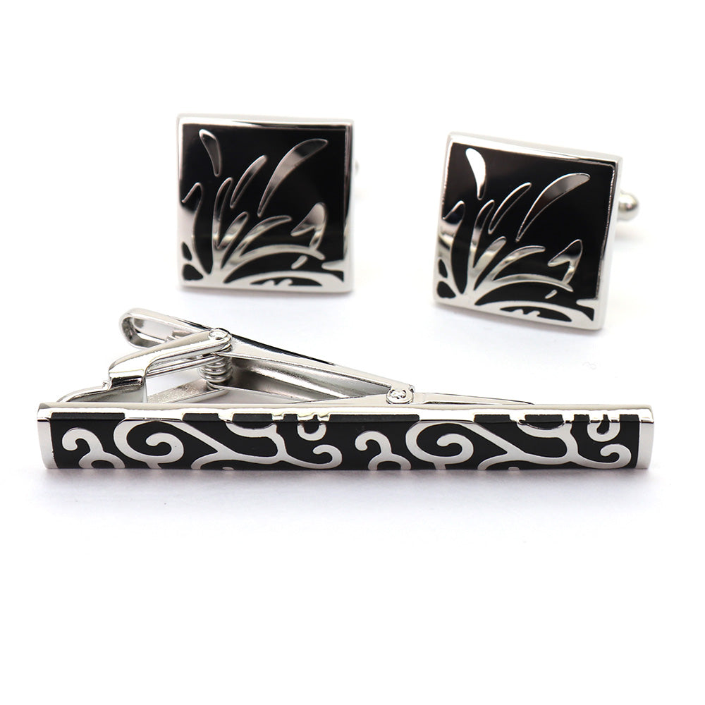 シルバー柄 ブラック カフス タイピン セット おしゃれ 男女 エレガント スーツ プレゼント ギフト 大人気 成人式 卒業式 結婚式 カフス専門店