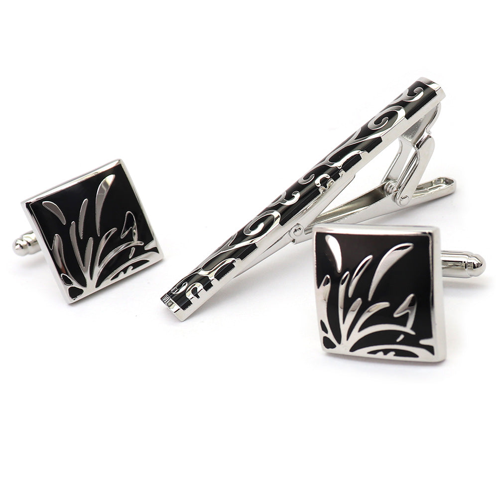 シルバー柄 ブラック カフス タイピン セット おしゃれ 男女 エレガント スーツ プレゼント ギフト 大人気 成人式 卒業式 結婚式 カフス専門店
