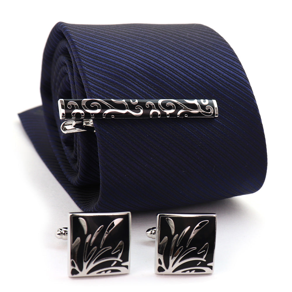 シルバー柄 ブラック カフス タイピン セット おしゃれ 男女 エレガント スーツ プレゼント ギフト 大人気 成人式 卒業式 結婚式 カフス専門店