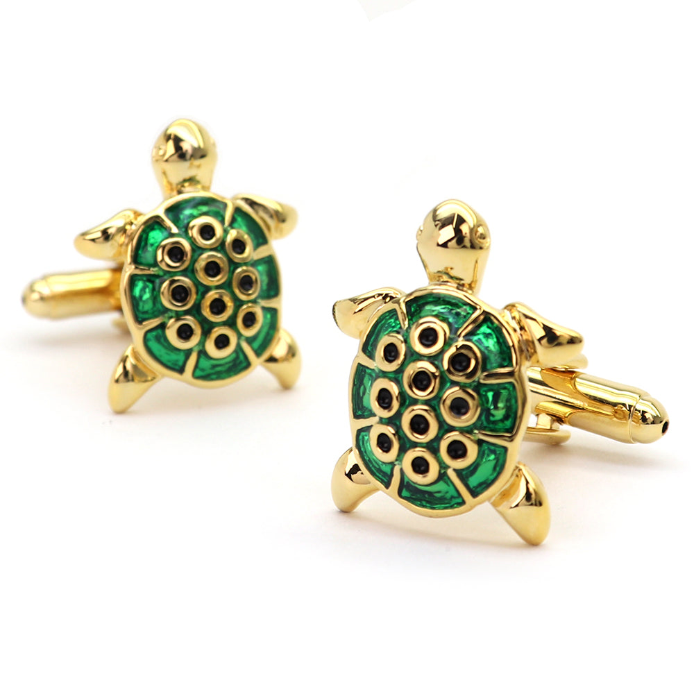 黄金 みどり 亀 カフスボタン ( 甲羅部分綺麗なガラス細工 ) 【 緑系 グリーン 男女 カフリングス 営業マン おしゃれ かわいい 結婚式 カジュアル シンプル スーツ 人気 プレゼント ギフト 入園式 入学式 】