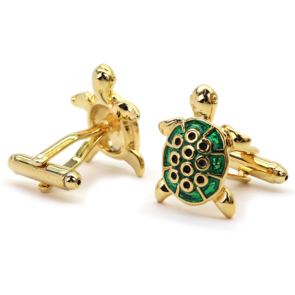 黄金 みどり 亀 カフスボタン ( 甲羅部分綺麗なガラス細工 ) 【 緑系 グリーン 男女 カフリングス 営業マン おしゃれ かわいい 結婚式 カジュアル シンプル スーツ 人気 プレゼント ギフト 入園式 入学式 】