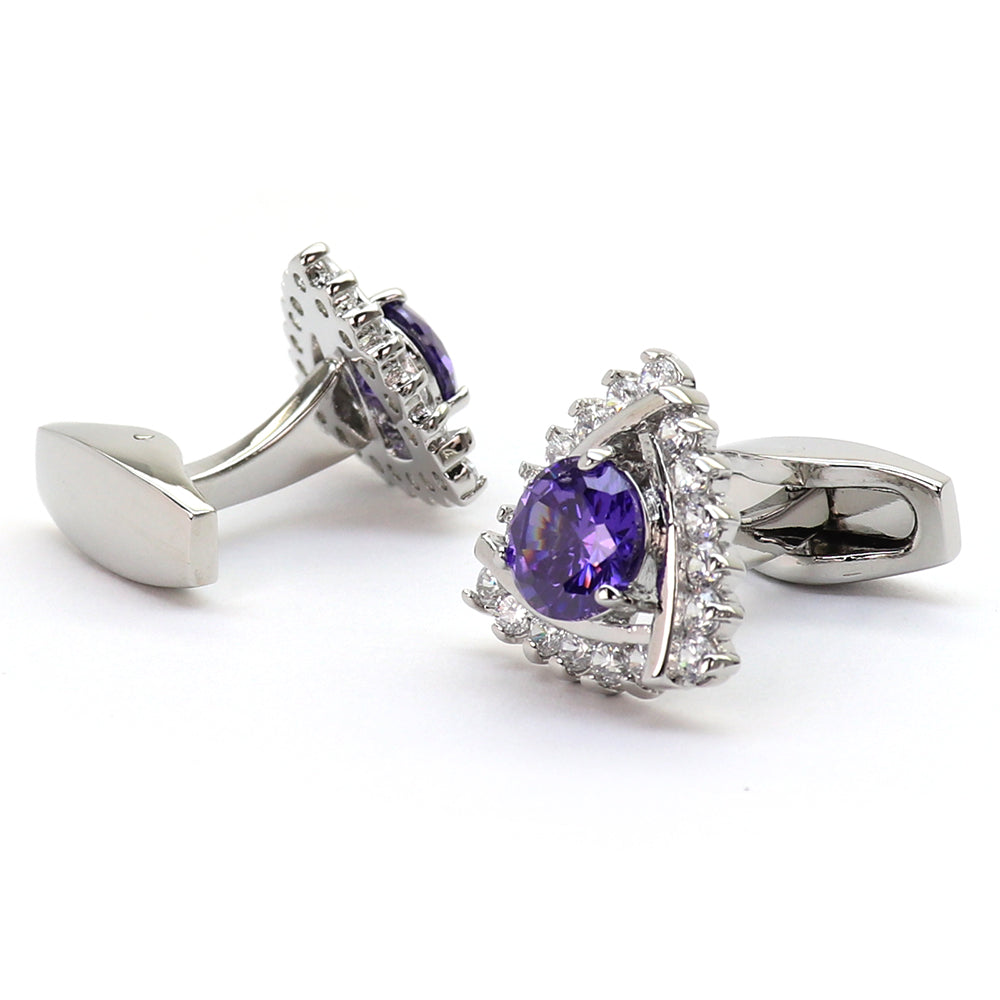 三角形 パープル クリスタル カフスボタン シルバー ジュエル系 おしゃれ 男女 カフリングス エレガント 豪華 結婚式 プレゼント カフス専門店