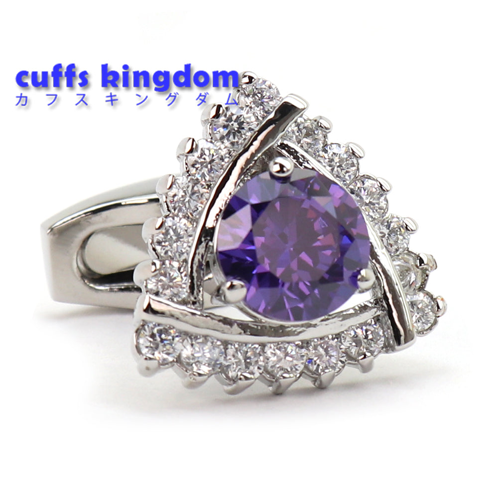 三角形 パープル クリスタル カフスボタン シルバー ジュエル系 おしゃれ 男女 カフリングス エレガント 豪華 結婚式 プレゼント カフス専門店