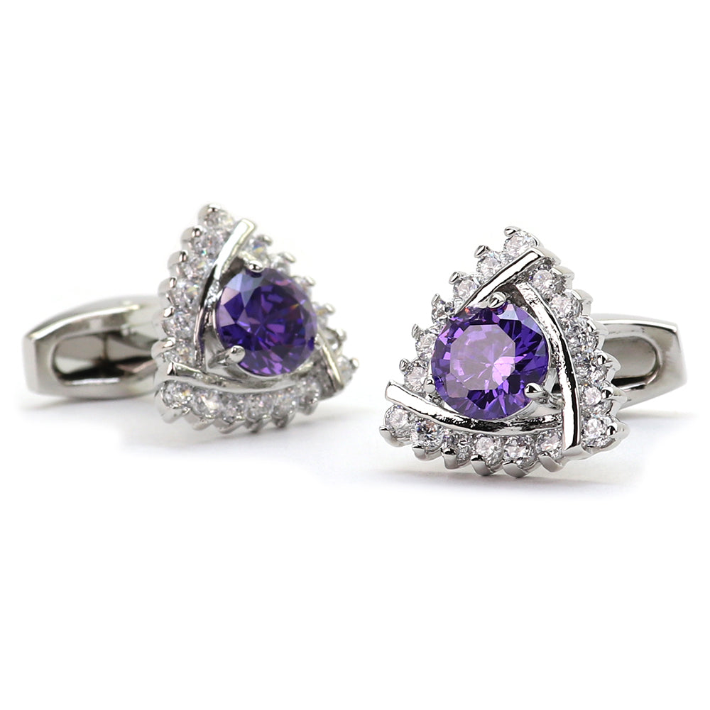 三角形 パープル クリスタル カフスボタン シルバー ジュエル系 おしゃれ 男女 カフリングス エレガント 豪華 結婚式 プレゼント カフス専門店