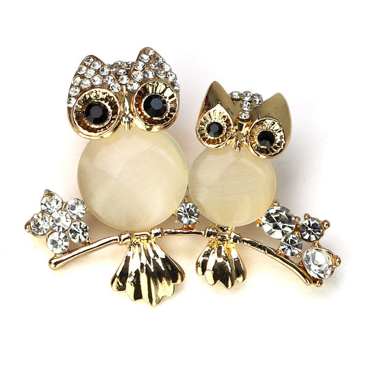 キラキラ-仲良しフクロウ-ブローチ-シャンパンゴールド-ファッション-ブローチピン-エレガント-可愛い-おしゃれ-アクセサリー-幸運-幸福-プレゼント-贈り物-メンズ-レディース-子供-ジュエリー-カフス専門店