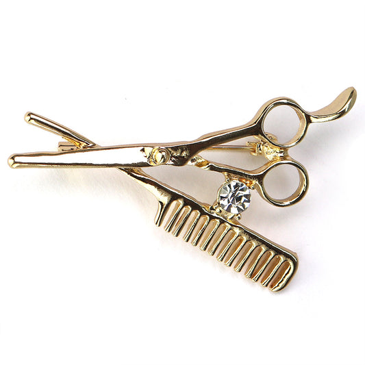 ハサミとクシ-ブローチ-ゴールド-美容師-理容師-ファッション-ブローチピン-ユニーク-可愛い-おしゃれ-アクセサリー-プレゼント-贈り物-メンズ-レディース-ジュエリー-カフス専門店