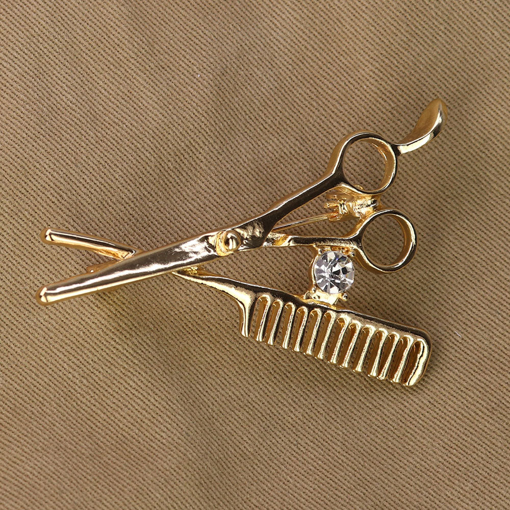 ハサミとクシ-ブローチ-ゴールド-美容師-理容師-ファッション-ブローチピン-ユニーク-可愛い-おしゃれ-アクセサリー-プレゼント-贈り物-メンズ-レディース-ジュエリー-カフス専門店