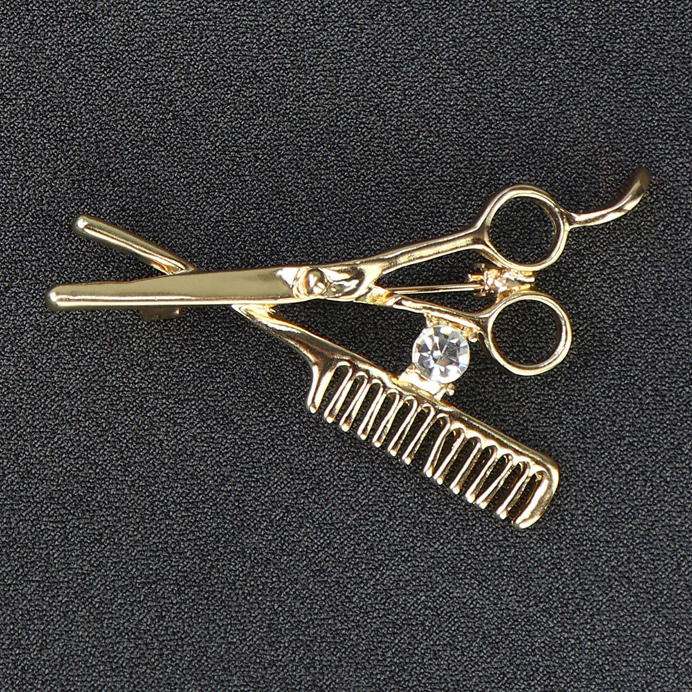 ハサミとクシ-ブローチ-ゴールド-美容師-理容師-ファッション-ブローチピン-ユニーク-可愛い-おしゃれ-アクセサリー-プレゼント-贈り物-メンズ-レディース-ジュエリー-カフス専門店
