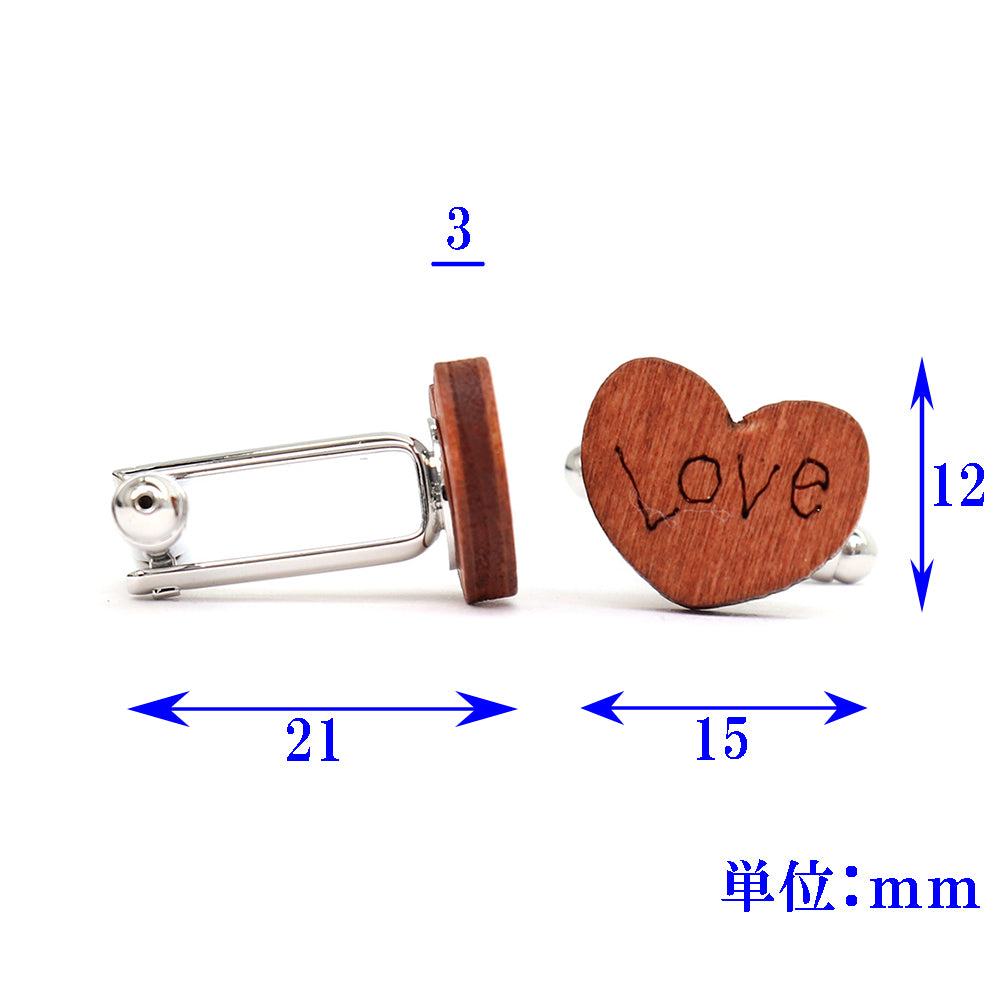 【送料無料】LOVE ハート カフスボタン ウッド 木製 カフリンクス ギフト プレゼント 男女 スーツ 人気 バレンタイン 結婚式 カフス専門店