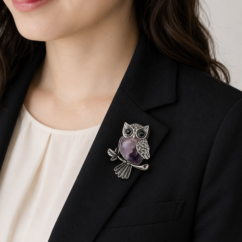 ふくろう ブローチ ペンダント 2WAY 紫 アメジスト風 天然石風 アンティーク フクロウ 梟 おしゃれ かわいい アクセサリー バッグ 帽子 ストール プレゼント ギフト