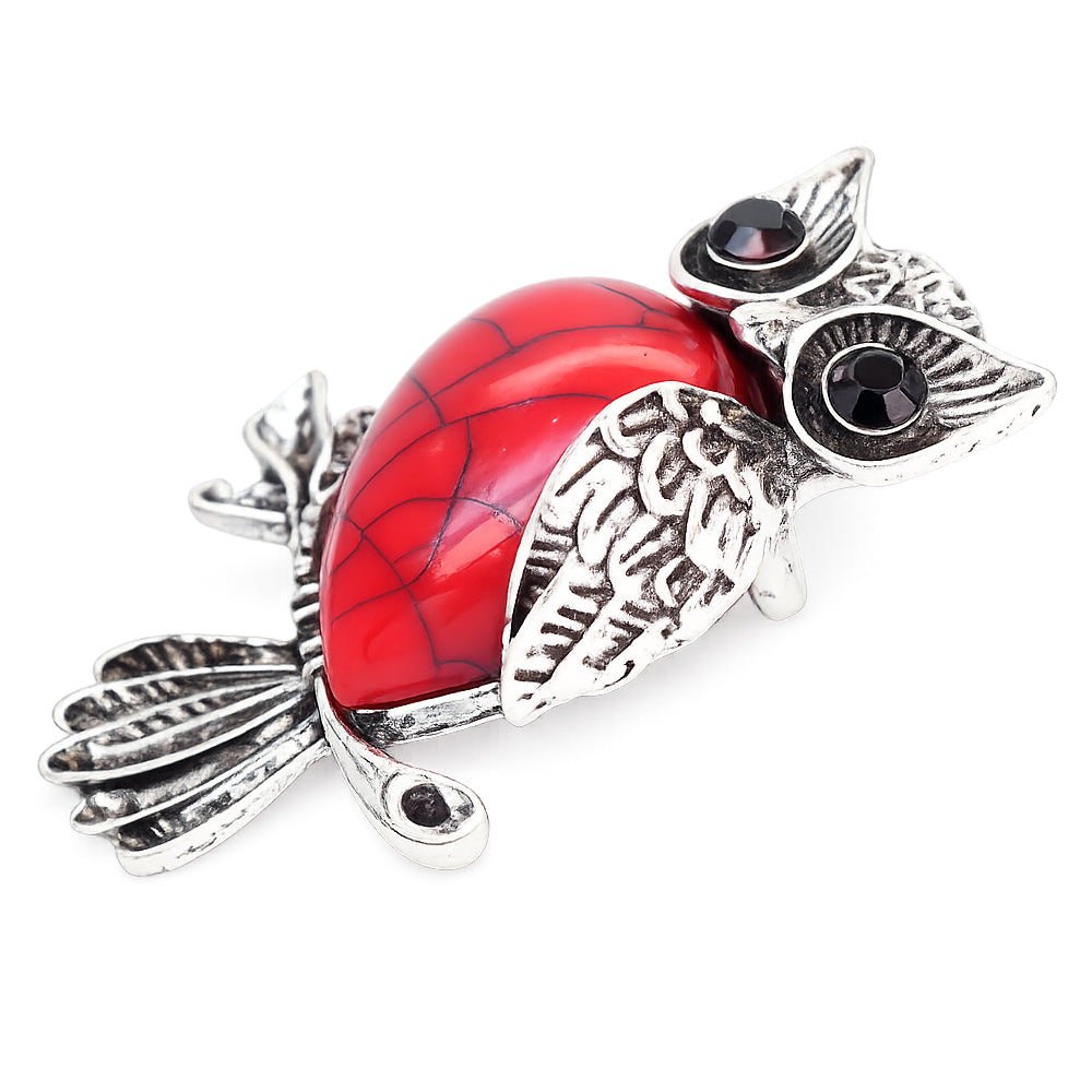 ふくろう ブローチ ペンダント 2WAY レッドストーン風 赤 天然石風 アンティーク フクロウ 梟 個性的 アクセサリー バッグ 帽子 ストール プレゼント ギフト