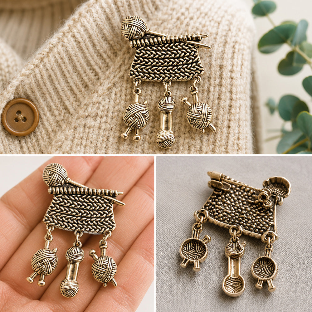 編み物 ブローチ 毛糸 玉編み かぎ針 編み針 ニット ハンドメイド モチーフ クラフト 手芸好き アンティークゴールド アクセサリー バッグ 帽子 ストール プレゼント ギフト