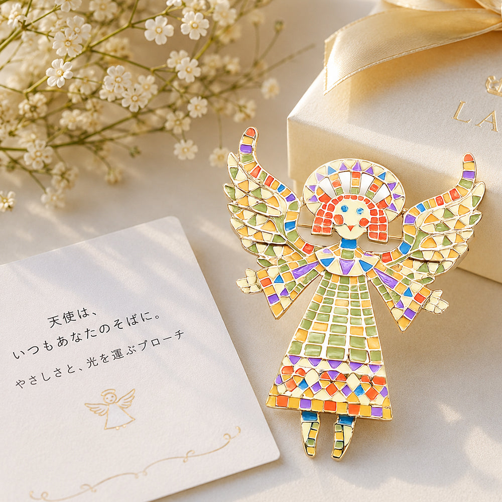 天使 ブローチ エンジェル モザイクデザイン カラフル ゴールドカラー アクセサリー かわいい 個性派 幸運 バッグ 帽子 ストール プレゼント ギフト