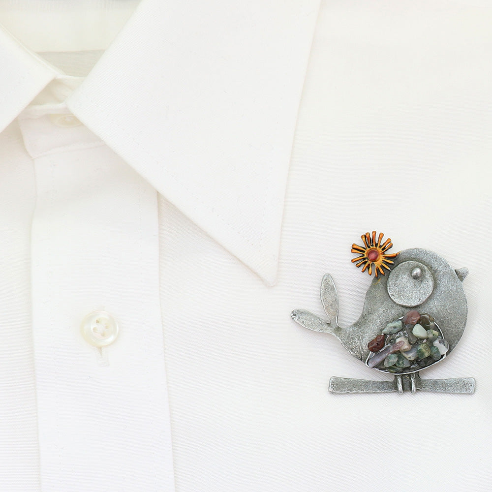 小鳥 ブローチ カラーストーン風 バード 鳥  花 アンティーク調 レトロ アクセサリー かわいい おしゃれ シルバーカラー バッグ 帽子 ストール ギフト