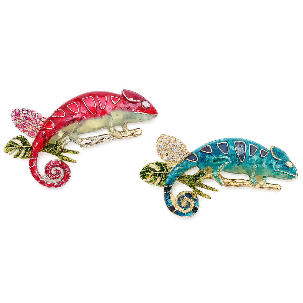 ブルー グリーン カメレオン ブローチ ラインストーン 葉っぱ トカゲ 爬虫類 動物 アクセサリー 個性的 バッグ 帽子 ストール 存在感 プレゼント ギフト