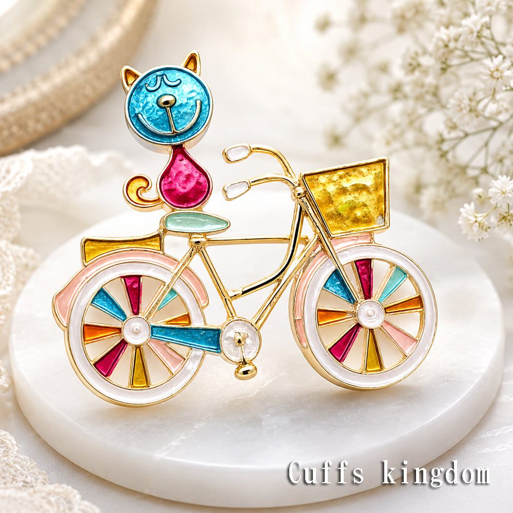 猫と 自転車 ブローチ ペンダント 2WAY ネコ かわいい アニマル アクセサリー サイクリング カラフル バッグ 帽子 ストール ギフト プレゼント 猫好き