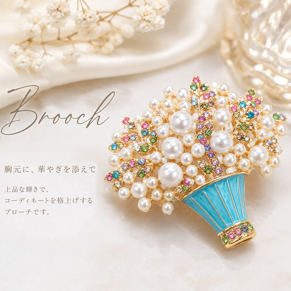 花かご ブローチ パール バスケット フラワーバスケット ラインストーン アクセサリー 上品 華やか かわいい エレガント フォーマル パーティー バッグ 帽子 ストール ギフト