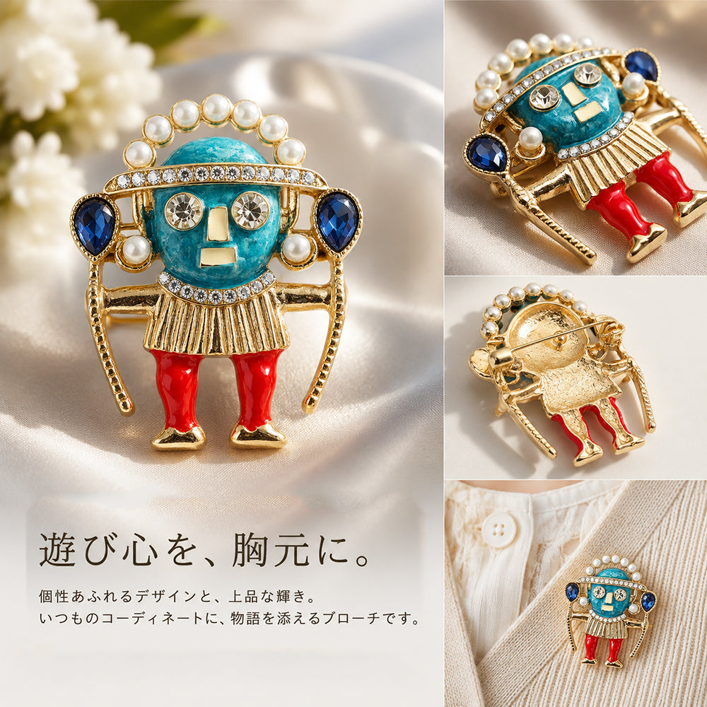 ブローチ 人形 モチーフ ドール ビジュー ラインストーン 個性的 アクセサリー ゴールド おしゃれ かわいい バッグ 帽子 ストール プレゼント ギフト