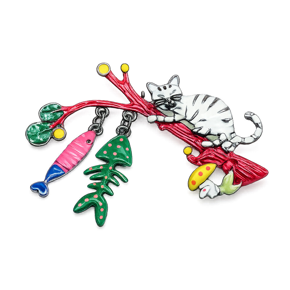 木 に 登る 猫 ブローチ ペンダント 2WAY ネコ キャット 魚 骨 枝 アニマル チャーム アクセサリー かわいい ユニーク バッグ 帽子 ストール ギフト 猫好き