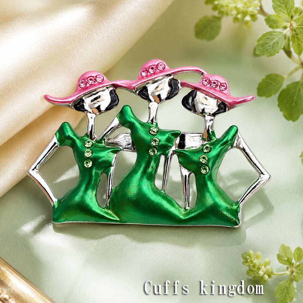 レトロガール ブローチ 3人 の 女性 人物 ピンク グリーン おしゃれ かわいい 個性的 上品 華やか アクセサリー バッグ 帽子 ストール プレゼント ギフト