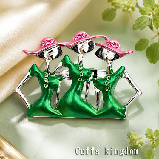レトロガール ブローチ 3人 の 女性 人物 ピンク グリーン おしゃれ かわいい 個性的 上品 華やか アクセサリー バッグ 帽子 ストール プレゼント ギフト