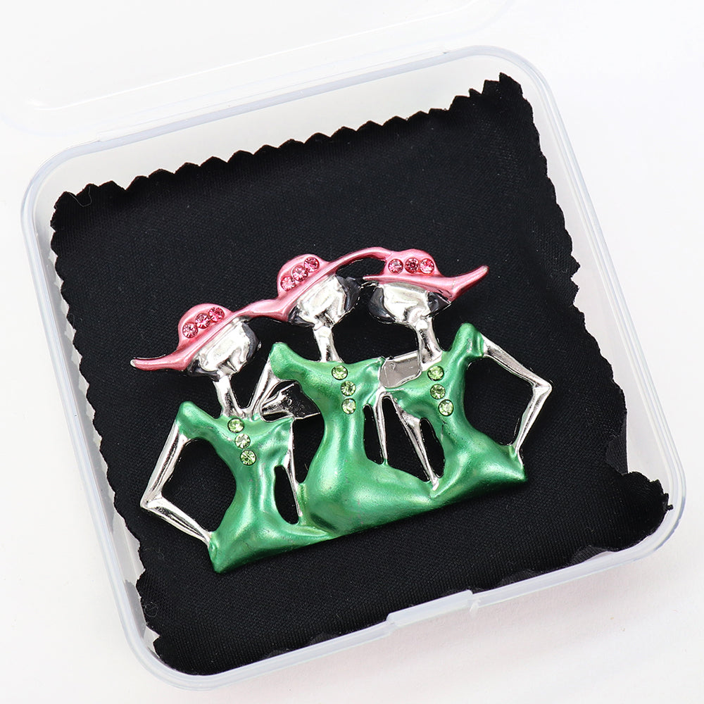 レトロガール ブローチ 3人 の 女性 人物 ピンク グリーン おしゃれ かわいい 個性的 上品 華やか アクセサリー バッグ 帽子 ストール プレゼント ギフト