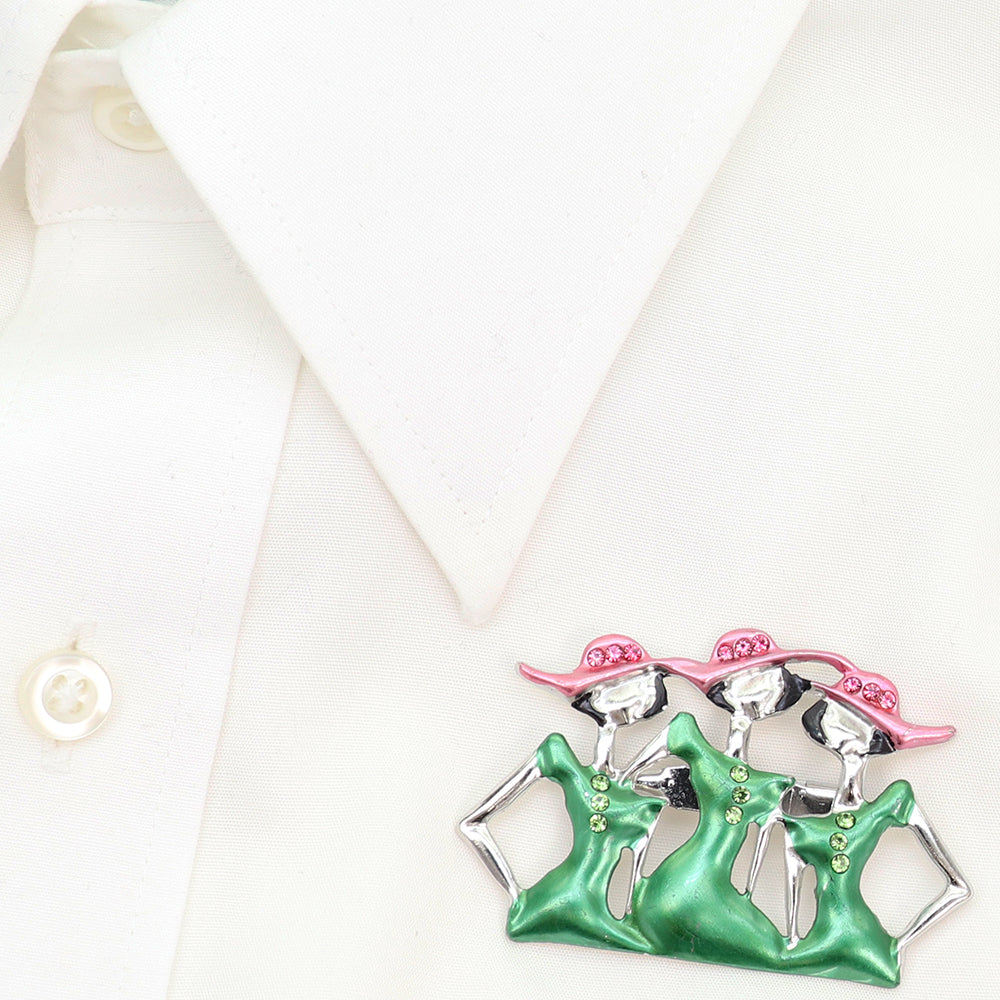 レトロガール ブローチ 3人 の 女性 人物 ピンク グリーン おしゃれ かわいい 個性的 上品 華やか アクセサリー バッグ 帽子 ストール プレゼント ギフト