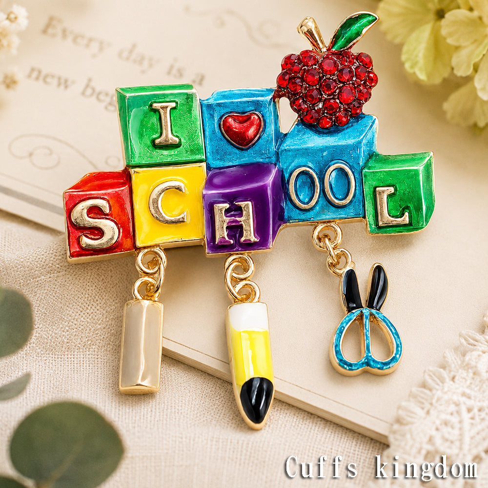 スクール 学校 ブローチ カラフル はさみ 鉛筆 文房具 ブロック アップル ハート アクセサリー かわいい 揺れる チャーム キッズ 先生 教師 保育士 入学 卒業 プレゼント ギフト
