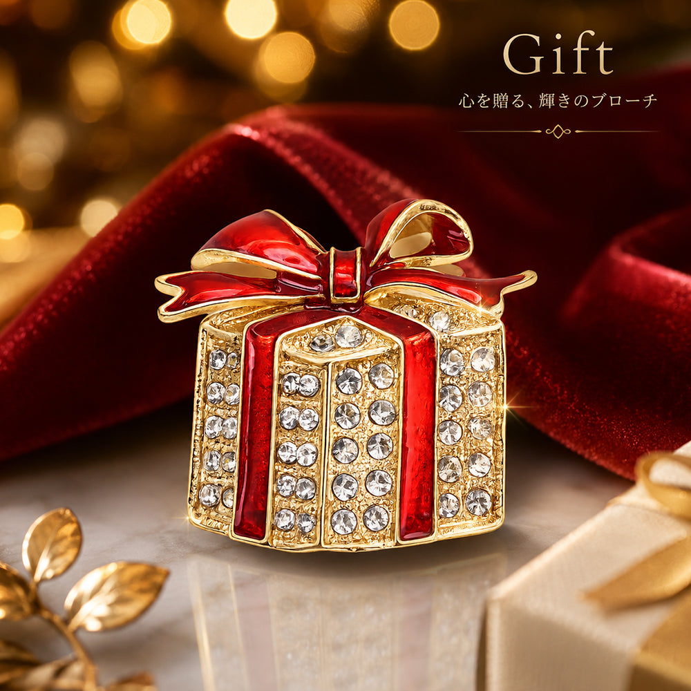 プレゼント ボックス ブローチ リボン ギフト 箱 ラインストーン キラキラ レッド ゴールド かわいい アクセサリー クリスマス 誕生日 記念日 パーティー おしゃれ プレゼント ギフト