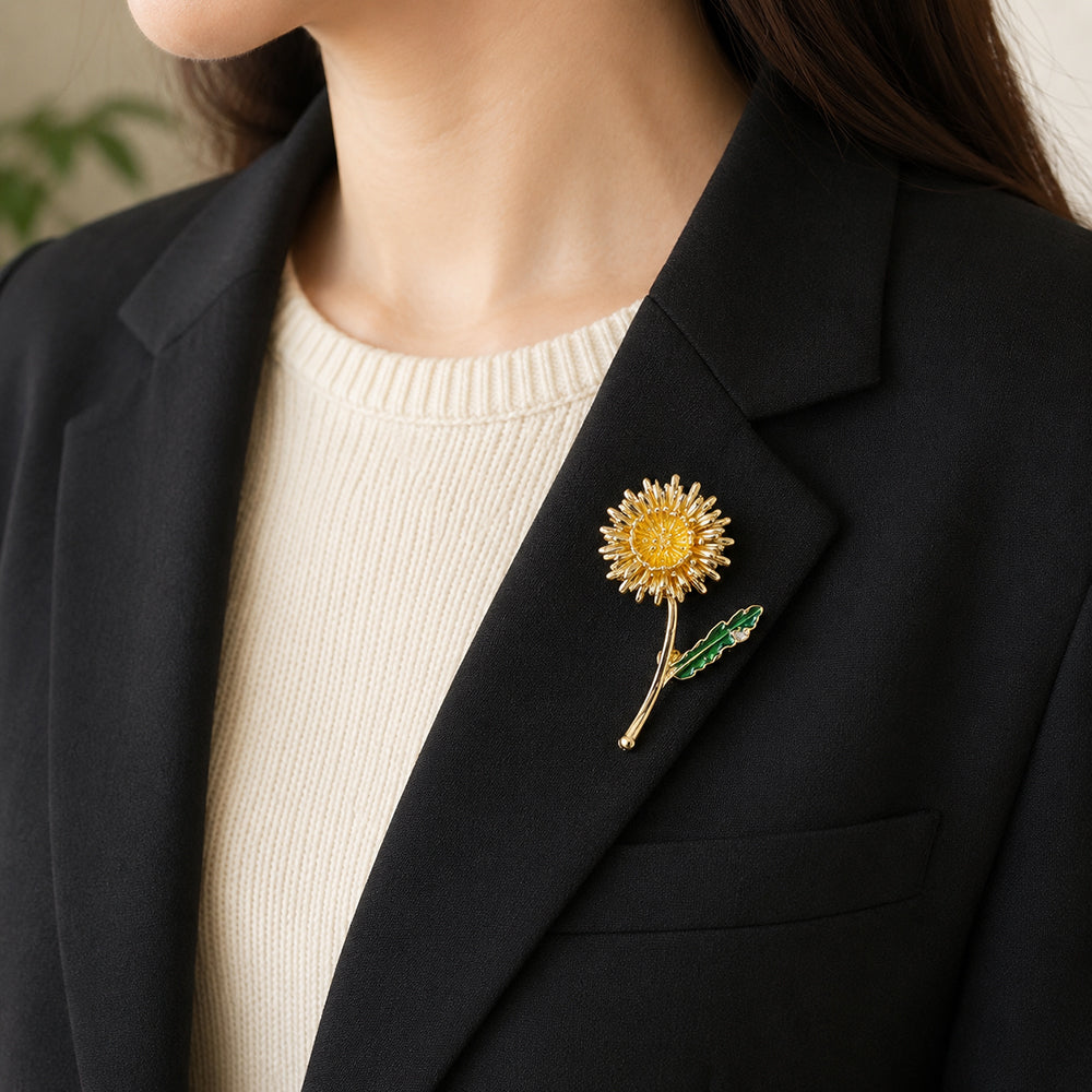 フラワー ブローチ 花 ひまわり たんぽぽ ゴールド グリーン 葉っぱ おしゃれ 上品 可愛い 植物 アクセサリー きれいめ ナチュラル プレゼント ギフト