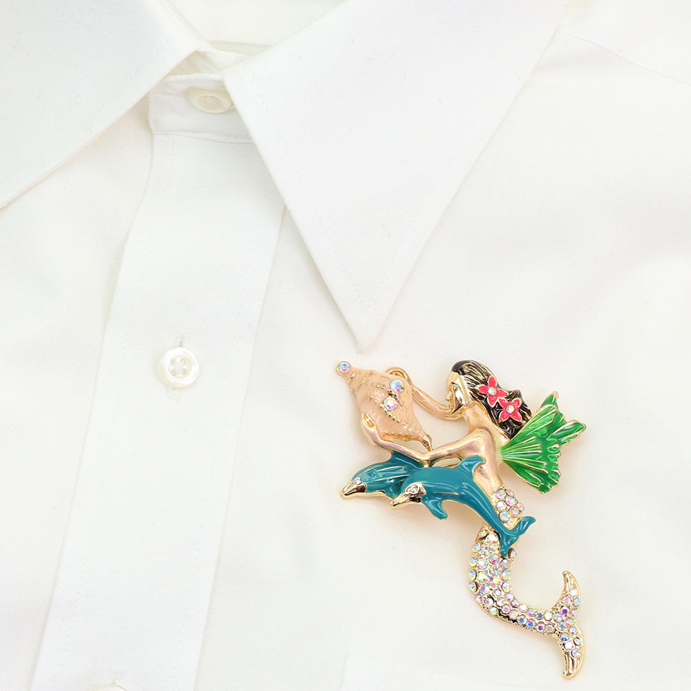 人魚 ブローチ マーメイド イルカ 貝殻 シェル ラインストーン ゴールド 海 夏 トロピカル リゾート アクセサリー かわいい バッグ 帽子 ストール プレゼント ギフト