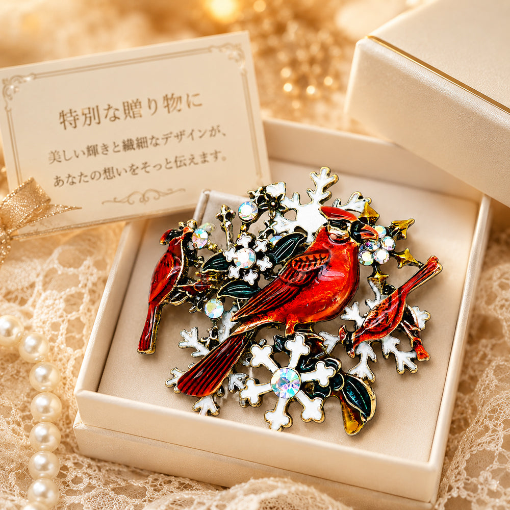 赤い鳥 雪の結晶 ブローチ クリスマス 冬 鳥 カーディナル アクセサリー リーフ 上品 華やか おしゃれ かわいい バッグ 帽子 ストール プレゼント ギフト