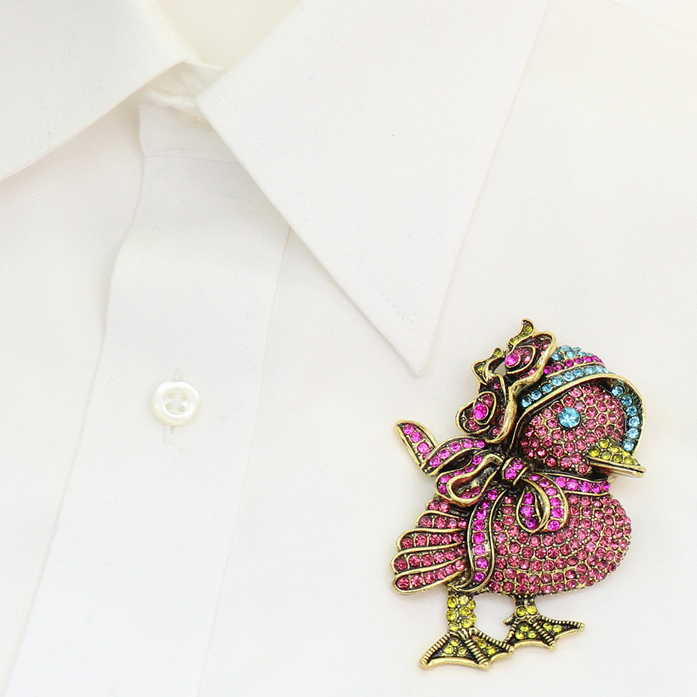 アヒル ブローチ 花 ピンク ラインストーン ひよこ 鳥 アニマル 帽子 リボン ゴールドカラー かわいい キラキラ 大ぶり おしゃれ アクセサリー バッグ 帽子 ストール ギフト