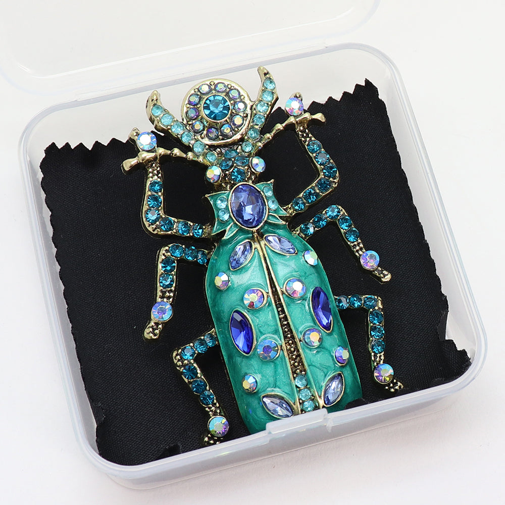 昆虫 ブローチ ブルーグリーン ラインストーン 甲虫 きらきら 大ぶり 個性的 おしゃれ 華やか アクセサリー バッグ 帽子 ストール プレゼント ギフト