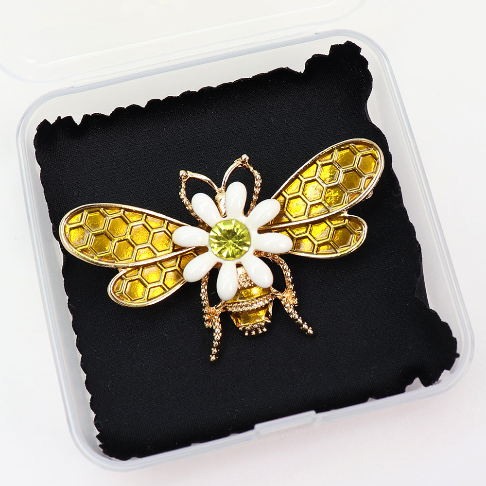 ミツバチ ブローチ 花 フラワー 蜂 はち 昆虫 ゴールド ホワイト ラインストーン キラキラ かわいい おしゃれ アクセサリー バッグ 帽子 ストール プレゼント ギフト