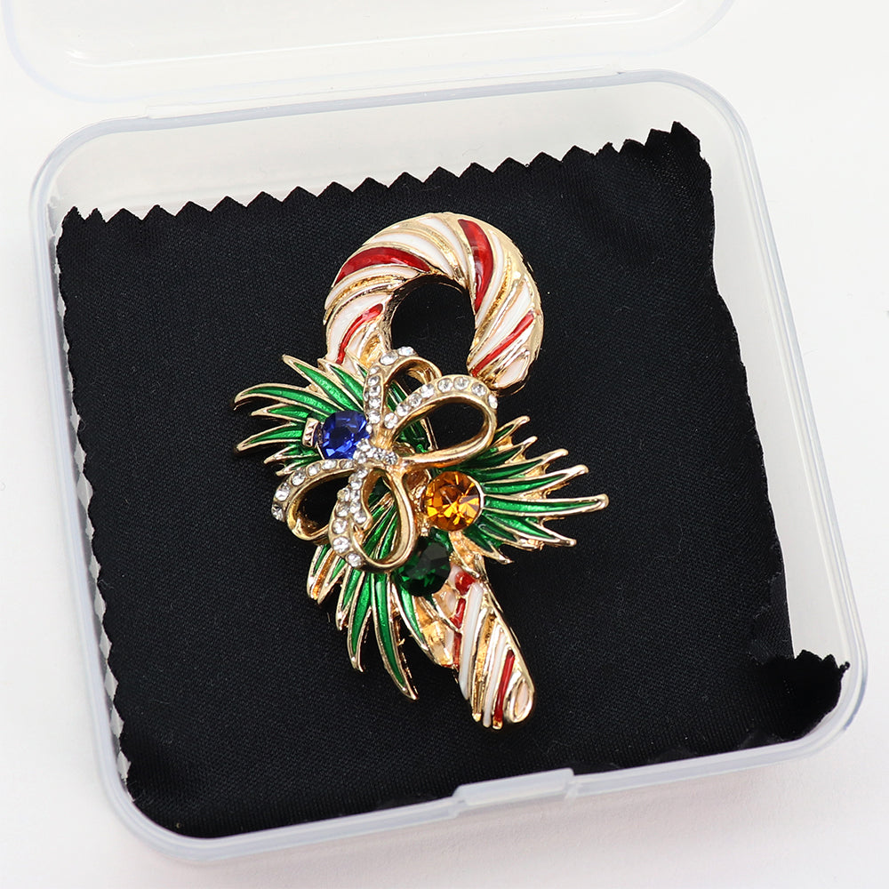 クリスマス ブローチ キャンディ ステッキ リボン ラインストーン ゴールド アクセサリー かわいい おしゃれ 冬 パーティー バッグ 帽子 ストール プレゼント ギフト