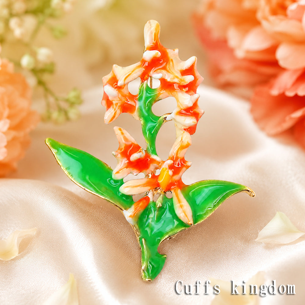 フラワー オレンジ ブローチ 花 植物 リーフ アクセサリー 華やか 上品 ボタニカル かわいい バッグ 帽子 ストール プレゼント ギフト