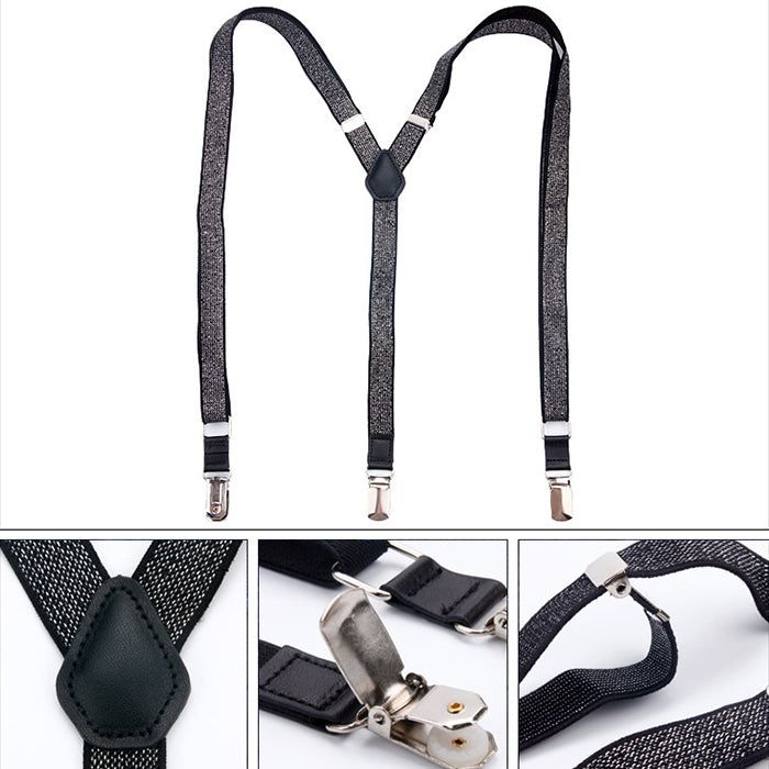 牛革を使ったシンプルで上品なサスペンダーＹ型【シルバーのピカピカブラック】男女兼用 すっきりエレガント幅16mm スーツ フォーマル 男女 祝 おしゃれ かわいい 結婚式 カジュアル 人気 プレゼント ギフト 入園式 入学式 成人式